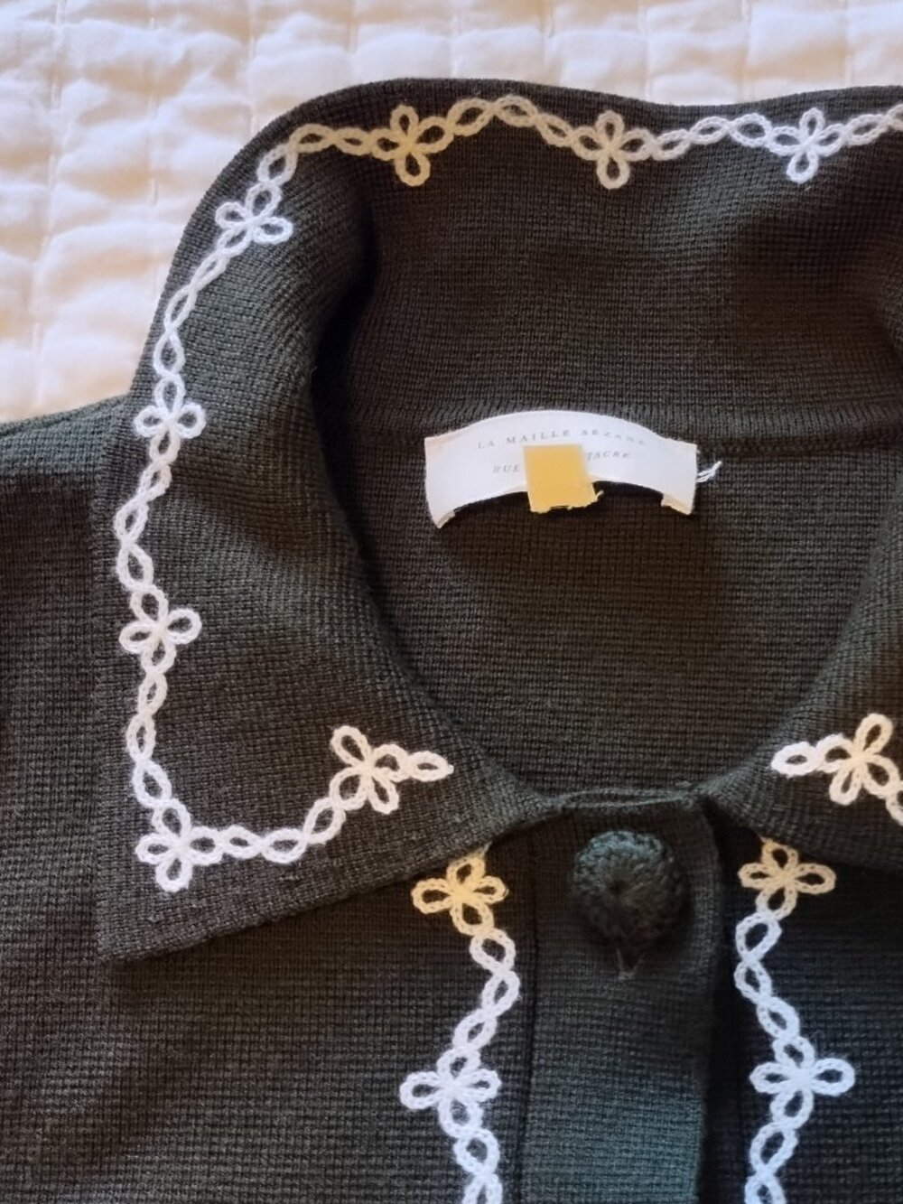 Sezane X Baziszt Betty Cardigan Khaki Ecru Crochet Medium French Merino Wool - Picture 6 of 9